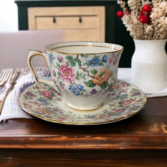 Crown Staffordshire Springtime Tea Cup‎ Saucer Floral Fine Bone China England - Picture 14 of 16